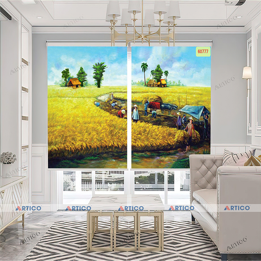 Rèm cuốn in tranh 3D làng quê