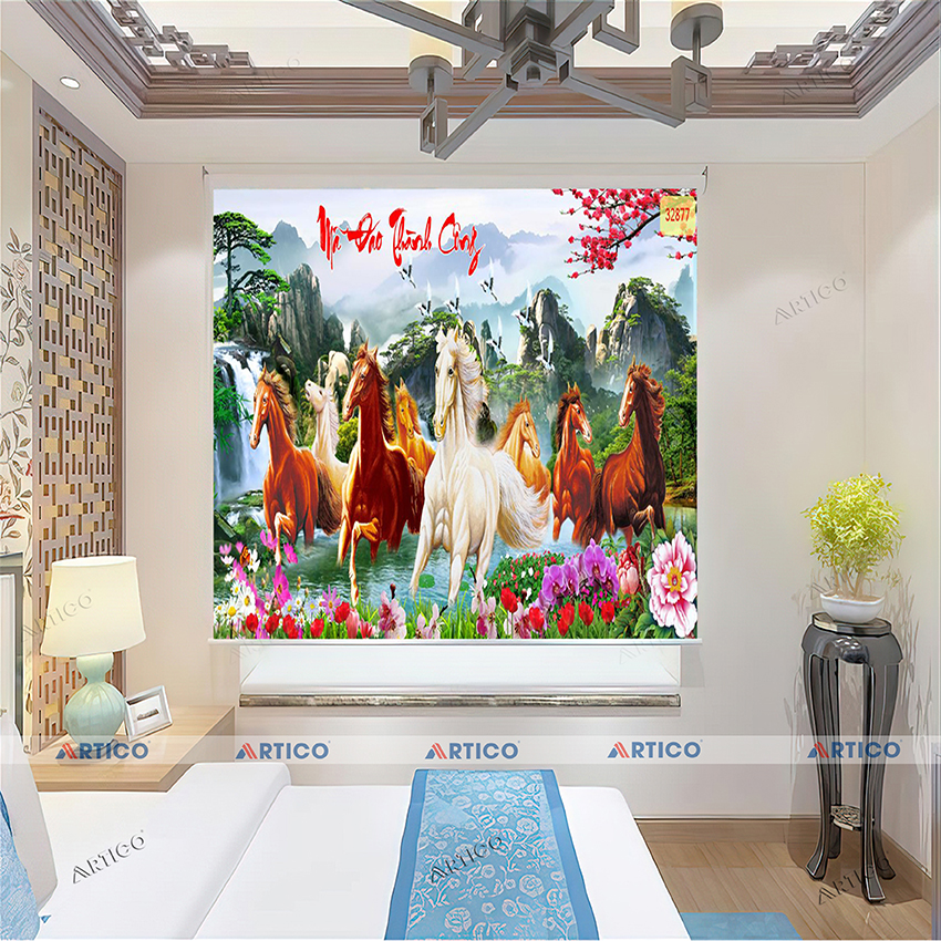 Rèm cuốn in tranh 3D  mã đáo thành công
