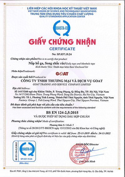 Chứng nhận - Nắp Hố Ga - Song Chắn Rác Goat - Chi Nhánh Công Ty TNHH Thương Mại Và Dịch Vụ Goat