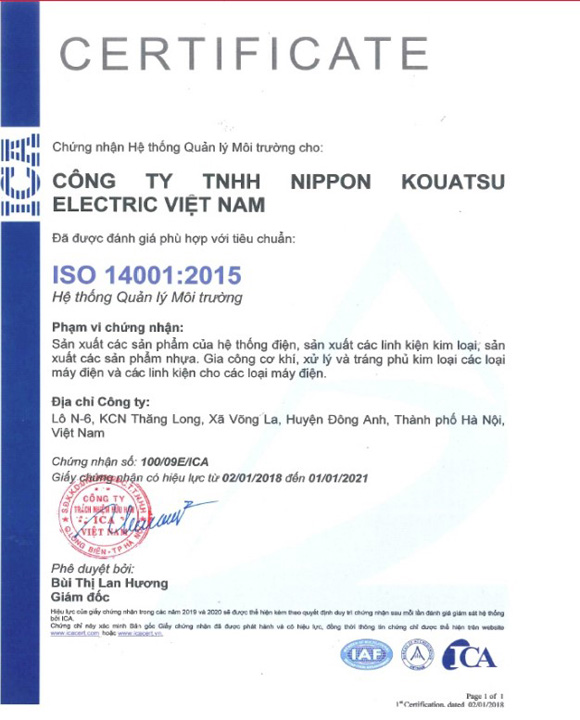 ISO 14001:2015 - Công Ty TNHH Nippon Kouatsu Electric Việt Nam