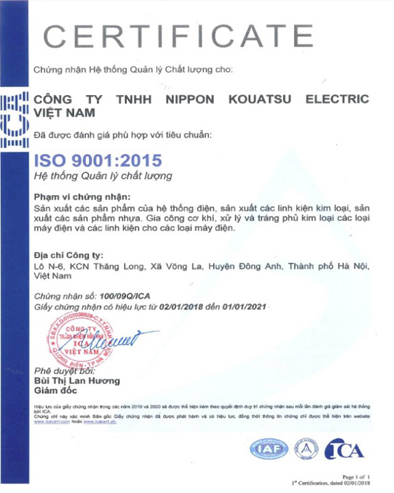 ISO 9001:2015 - Công Ty TNHH Nippon Kouatsu Electric Việt Nam