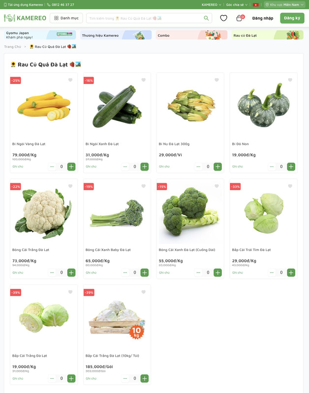 Sản phẩm rau củ trên website - Thực Phẩm Sỉ Kamereo - Công Ty TNHH Kamereo