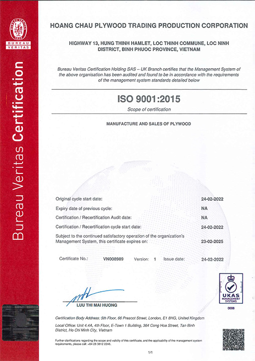 Chứng nhận ISO 9001:2015 - Ván ép Hoàng Châu - Công Ty Cổ Phần Hoàng Châu Plywood International