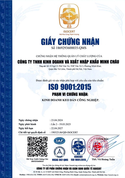 ISO 9001:2015 - Keo Dán Minh Châu - Công Ty TNHH Kinh Doanh Và Xuất Nhập Khẩu Minh Châu