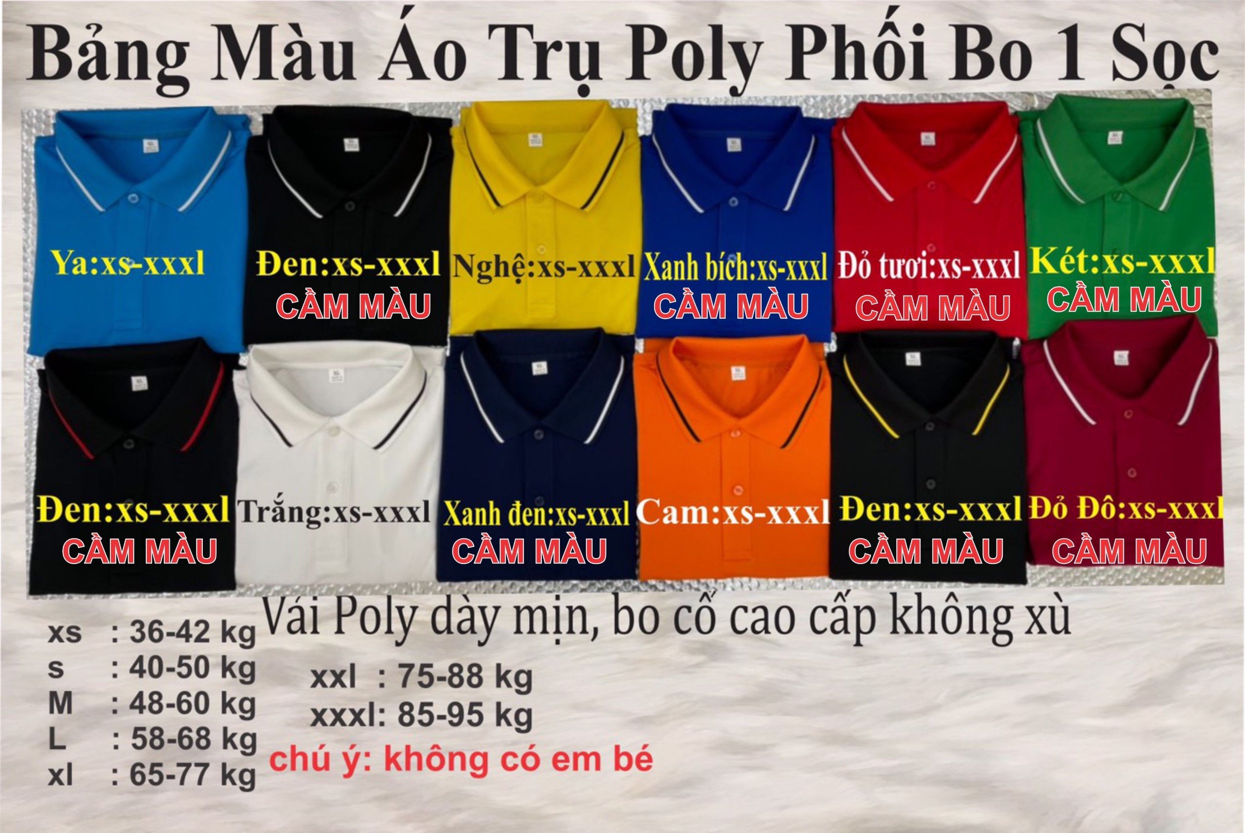 Bảng màu áo cá sấu Poly cổ trụ phối bo 1 sọc