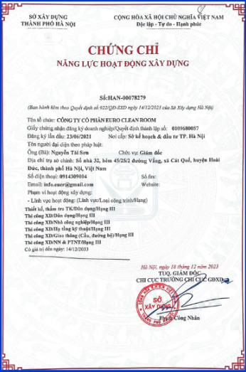 Chứng nhận - Thi Công Phòng Sạch Đạt Chuẩn GMP Trọn Gói  - Công Ty Cổ Phần Euro Clean Room