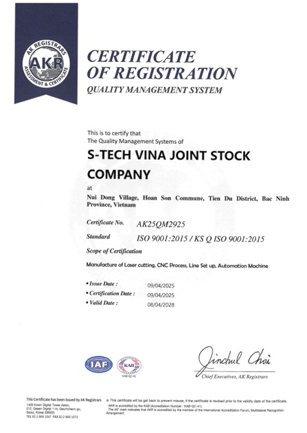 Chứng nhận ISO 9001:2015 - Cơ Khí S-Tech Vina - Công Ty Cổ Phần S-Tech Vina