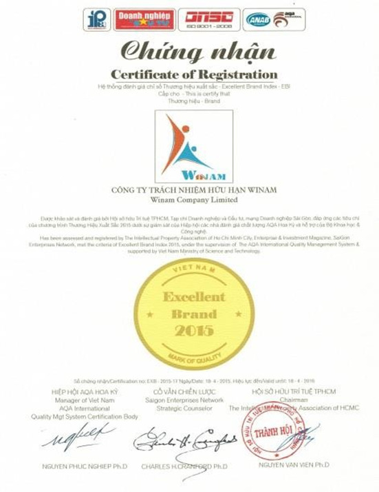 Chứng nhận thương hiệu xuất sắc - Thiết Bị Vui Chơi Trẻ Em Winam - Công Ty Trách Nhiệm Hữu Hạn Winam