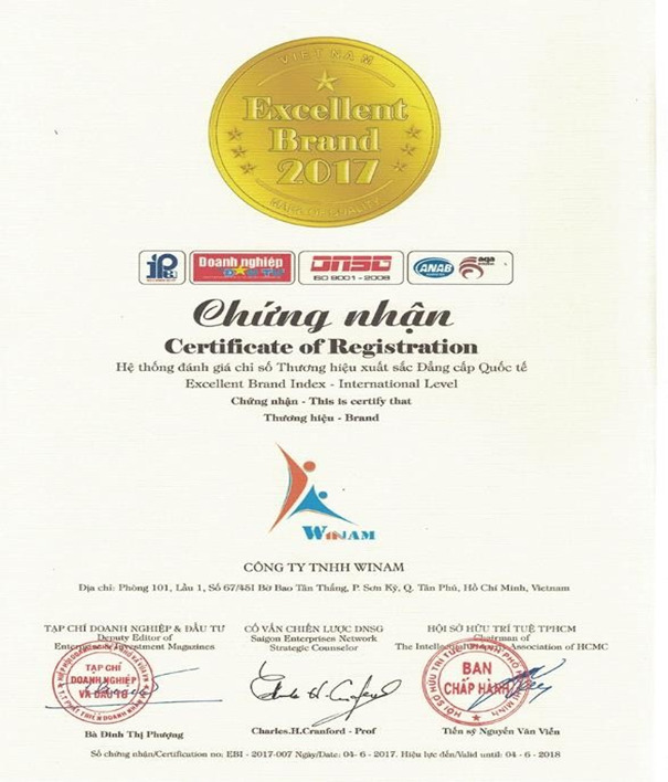 Chứng nhận thương hiệu xuất sắc - Thiết Bị Vui Chơi Trẻ Em Winam - Công Ty Trách Nhiệm Hữu Hạn Winam