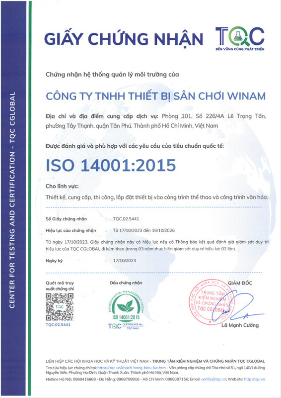 Chứng nhận ISO 14001:2015 - Thiết Bị Vui Chơi Trẻ Em Winam - Công Ty Trách Nhiệm Hữu Hạn Winam