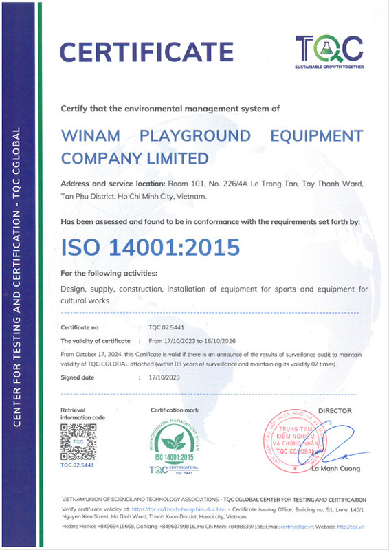 Chứng nhận ISO 14001:2015 - Thiết Bị Vui Chơi Trẻ Em Winam - Công Ty Trách Nhiệm Hữu Hạn Winam