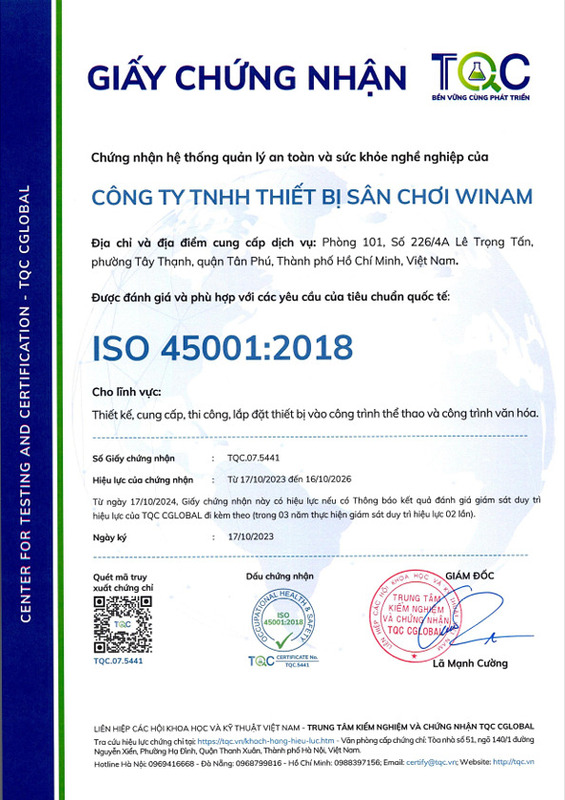 Chứng nhận ISO 45001:2018 - Thiết Bị Vui Chơi Trẻ Em Winam - Công Ty Trách Nhiệm Hữu Hạn Winam