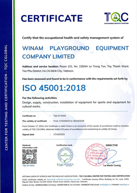 Chứng nhận ISO 45001:2018 - Thiết Bị Vui Chơi Trẻ Em Winam - Công Ty Trách Nhiệm Hữu Hạn Winam