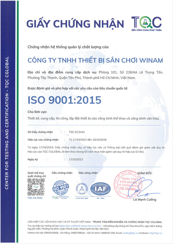 Chứng nhận ISO 9001:2015 - Thiết Bị Vui Chơi Trẻ Em Winam - Công Ty Trách Nhiệm Hữu Hạn Winam