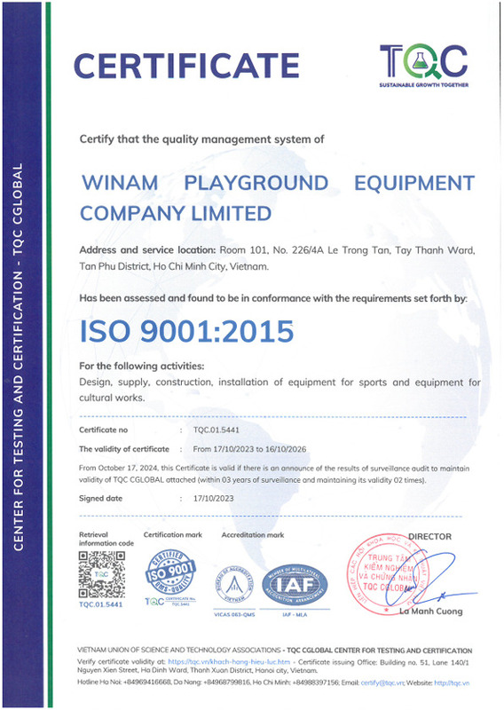 Chứng nhận ISO 9001:2015 - Thiết Bị Vui Chơi Trẻ Em Winam - Công Ty Trách Nhiệm Hữu Hạn Winam