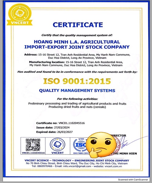 ISO 9001:2015 - Nông Sản Sấy Hoàng Minh L.A - Công Ty CP XNK Nông Sản Hoàng Minh L.A