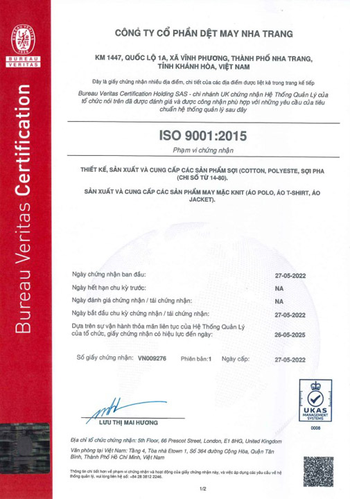 ISO 9001:2015 VN 1/2 - Dệt Nha Trang - Công Ty Cổ Phần Dệt - May Nha Trang
