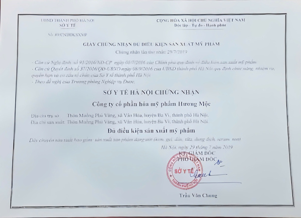 Chứng nhận đủ điều kiện sản xuất - Hóa Mỹ Phẩm Hương Mộc - Công Ty Cổ Phần Hóa Mỹ Phẩm Hương Mộc