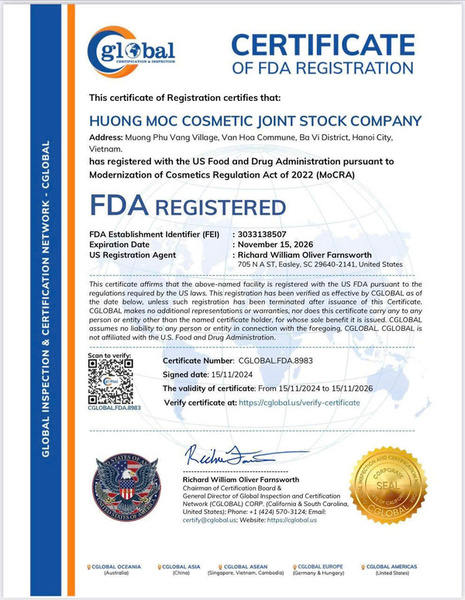 FDA - Hóa Mỹ Phẩm Hương Mộc - Công Ty Cổ Phần Hóa Mỹ Phẩm Hương Mộc