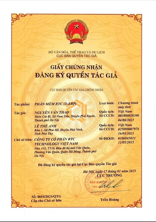 Chứng nhận bản quyền tác giả - Tự Động Hóa RTC Technology Việt Nam - Công Ty Cổ Phần RTC Technology Việt Nam