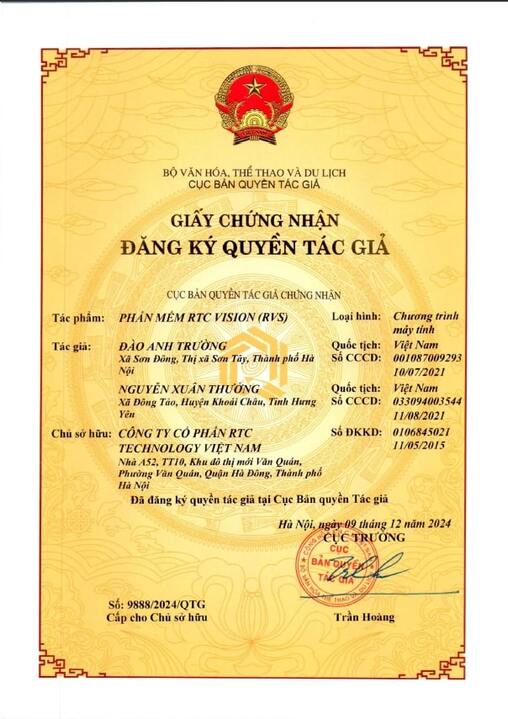 Chứng nhận bản quyền tác giả - Tự Động Hóa RTC Technology Việt Nam - Công Ty Cổ Phần RTC Technology Việt Nam