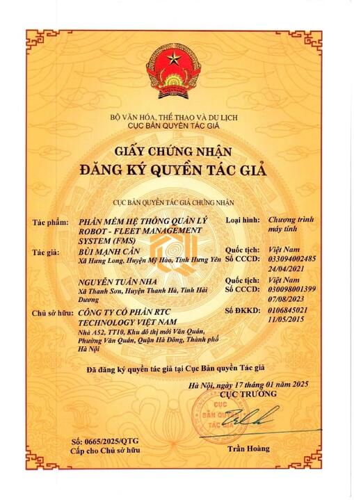 Chứng nhận bản quyền tác giả - Tự Động Hóa RTC Technology Việt Nam - Công Ty Cổ Phần RTC Technology Việt Nam