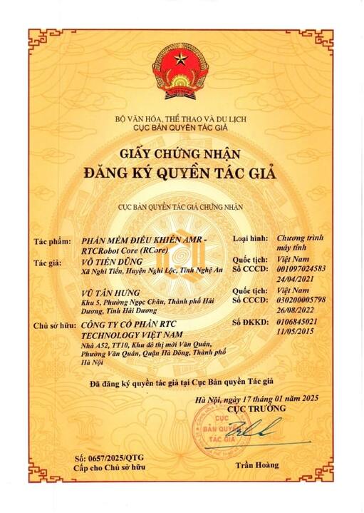 Chứng nhận bản quyền tác giả - Tự Động Hóa RTC Technology Việt Nam - Công Ty Cổ Phần RTC Technology Việt Nam