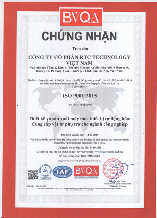 Chứng nhận ISO 9001:2015 - Tự Động Hóa RTC Technology Việt Nam - Công Ty Cổ Phần RTC Technology Việt Nam