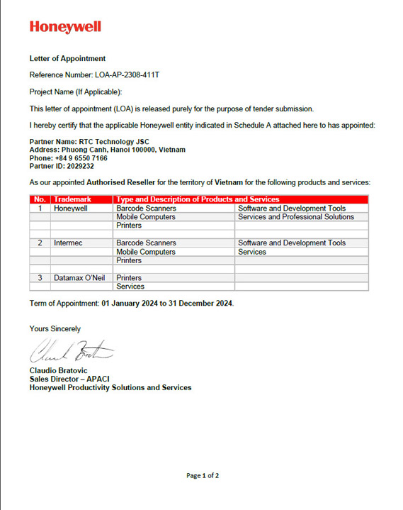 Chứng nhận nhà phân phối được ủy quyền từ HONEYWELL