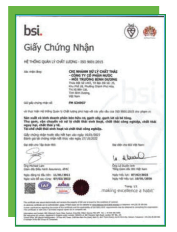 Chứng nhận ISO 9001:2015 - An Nhiên Xanh - Công Ty TNHH TM DV Môi Trường An Nhiên Xanh