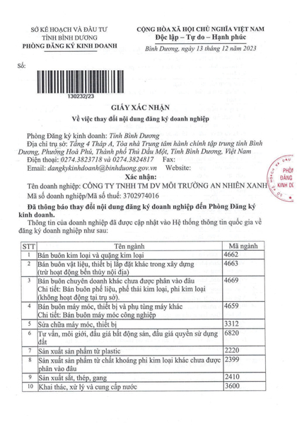 Giấy xác nhận - An Nhiên Xanh - Công Ty TNHH TM DV Môi Trường An Nhiên Xanh