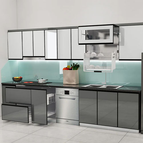 Mẫu tủ bếp cạnh kính chữ L