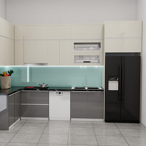 Tủ bếp Inox cạnh acrylic chữ IAL