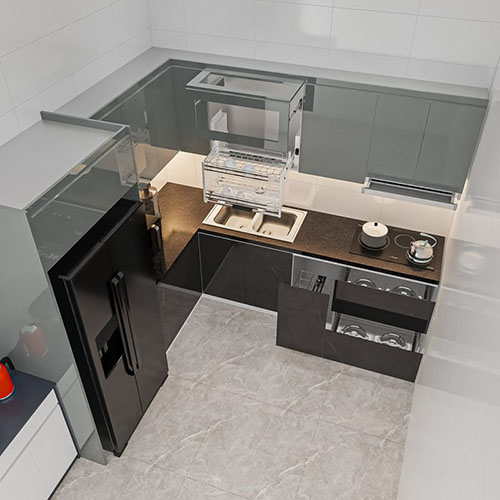 Tủ bếp Inox cạnh acrylic chữ L