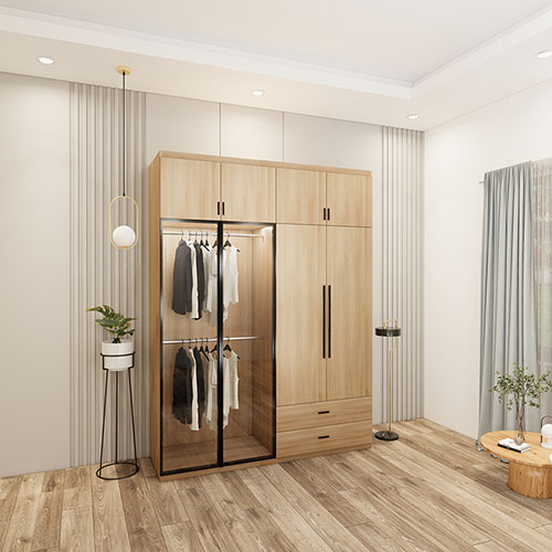 Tủ quần áo 4 buồng màu sồi cạnh kính