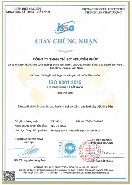 ISO 9001:2015 - Dây Thun Nguyên Phúc - Công Ty TNHH Chỉ Sợi Nguyên Phúc