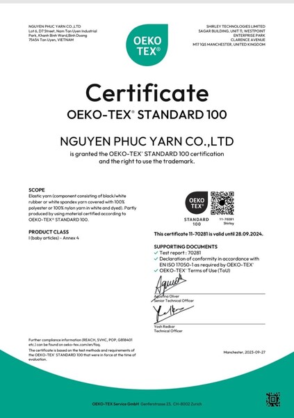 OEKO TEX 100 - Dây Thun Nguyên Phúc - Công Ty TNHH Chỉ Sợi Nguyên Phúc