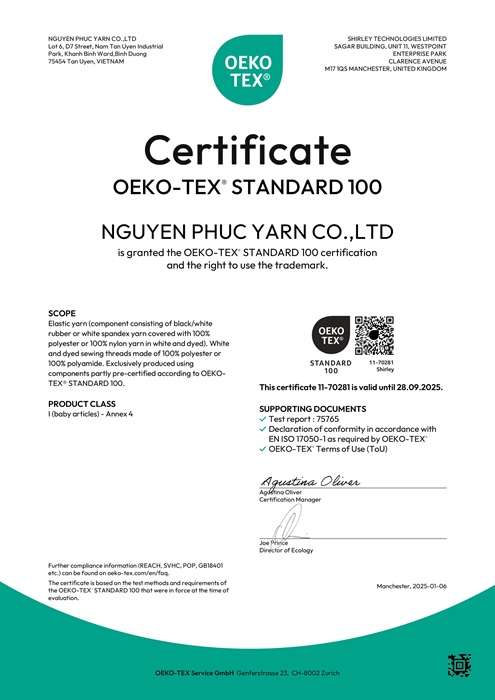 OEKO-TEX STANDARD 100 - Dây Thun Nguyên Phúc - Công Ty TNHH Chỉ Sợi Nguyên Phúc
