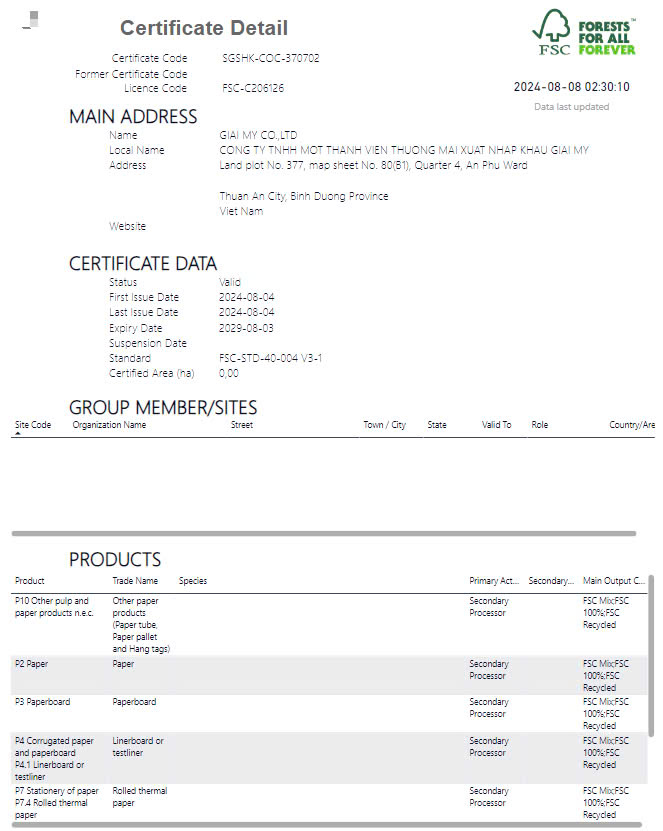 Chuứng nhận FSC - Giấy Gói Giày Giai Mỹ - Công Ty TNHH Một Thành Viên Thương Mại Xuất Nhập Khẩu Giai Mỹ
