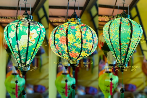 Đèn lồng Hội An phi 3D màu xanh lá