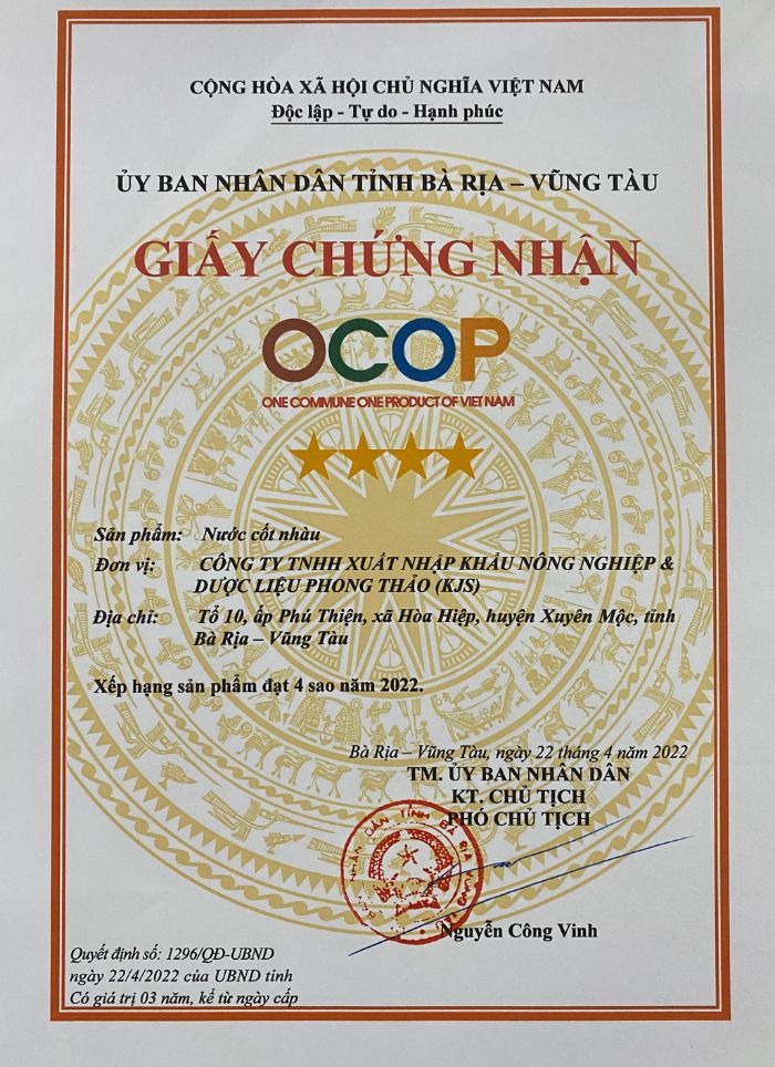 Chứng nhận OCOP - Công Ty TNHH Đầu Tư Sản Xuất - Thương Mại Dịch Vụ Vital
