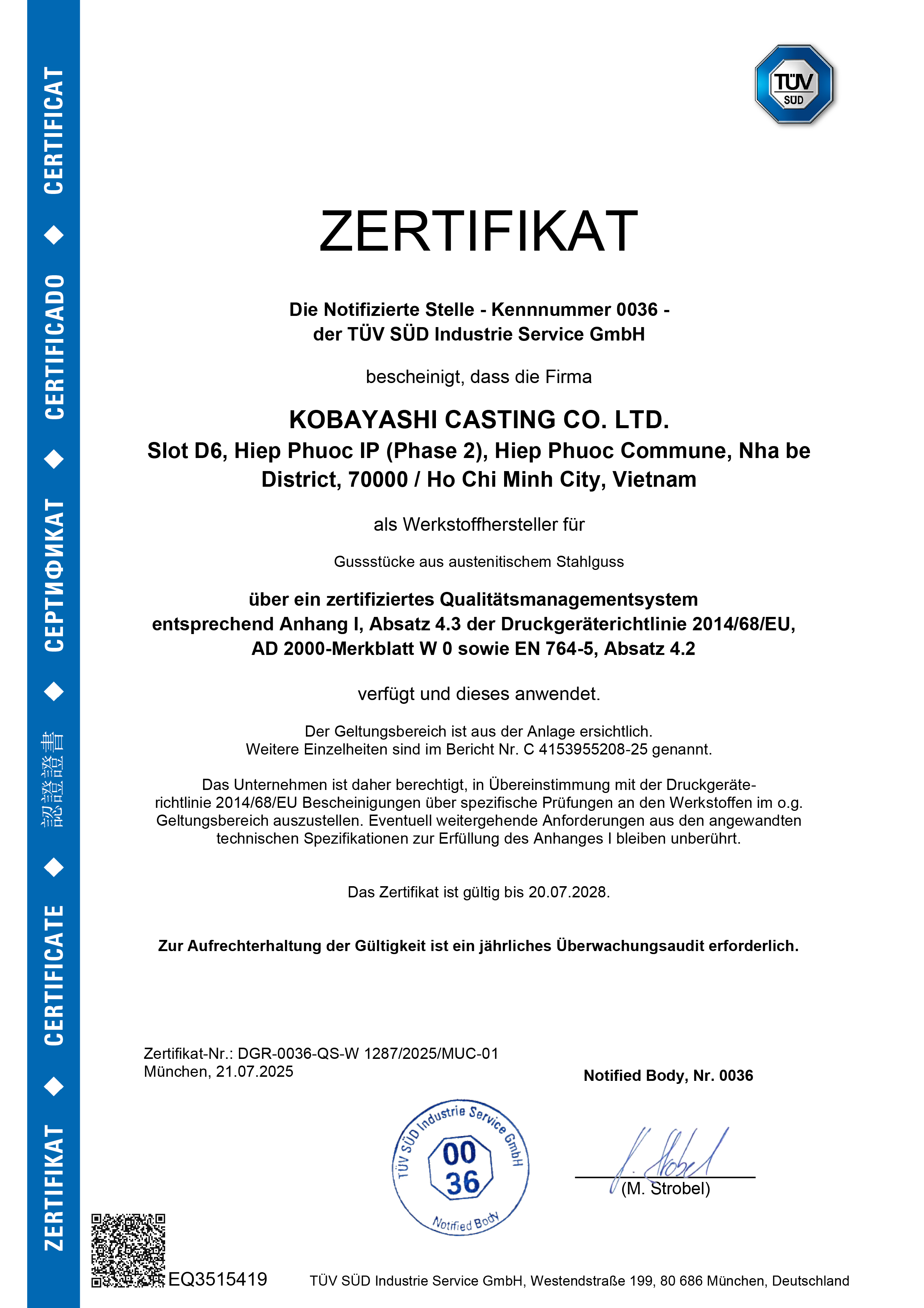 Chứng nhận - Đúc Mẫu Chảy KOBAYASHI CASTING - Công Ty TNHH KOBAYASHI CASTING