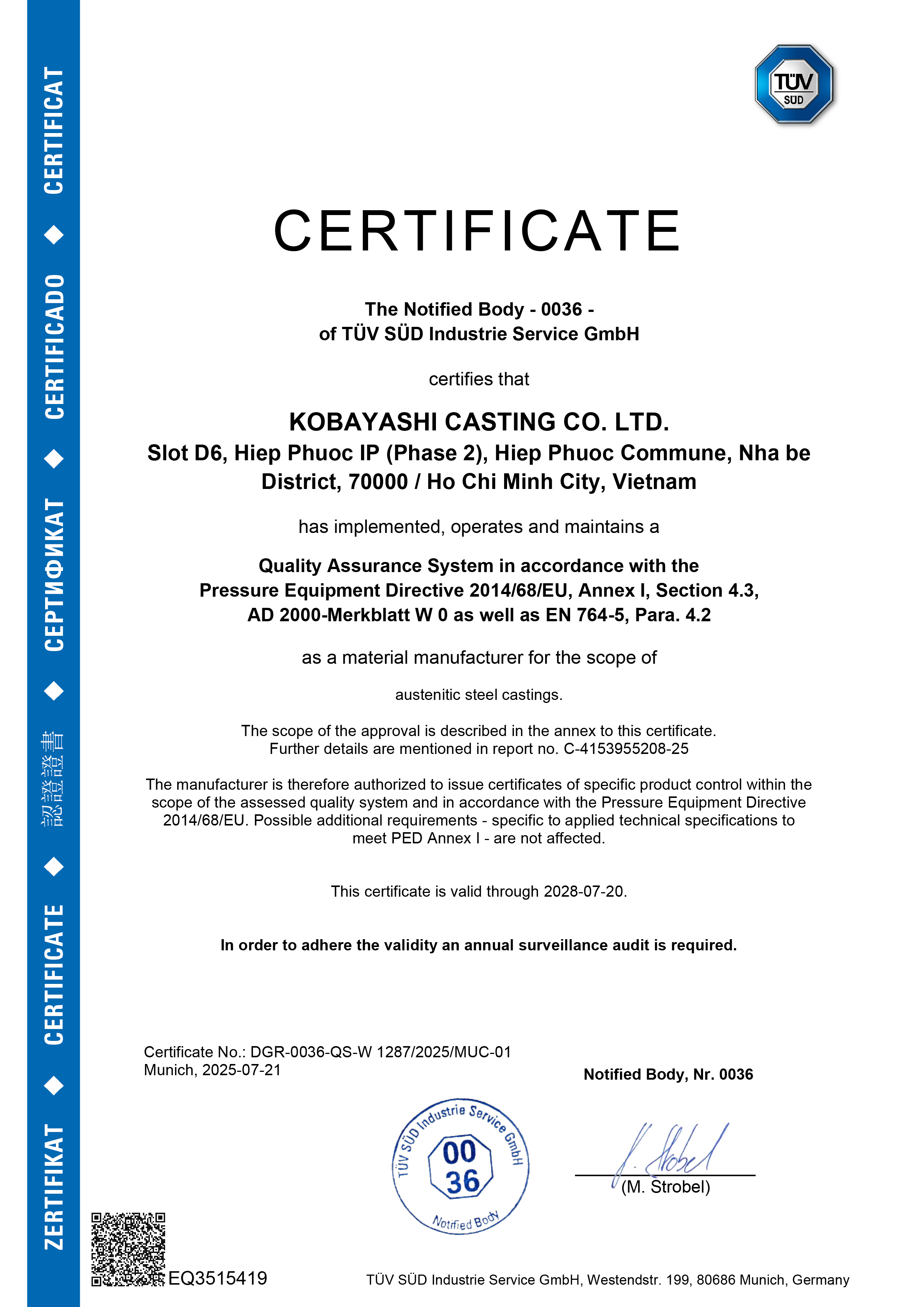 Chứng nhận - Đúc Mẫu Chảy KOBAYASHI CASTING - Công Ty TNHH KOBAYASHI CASTING