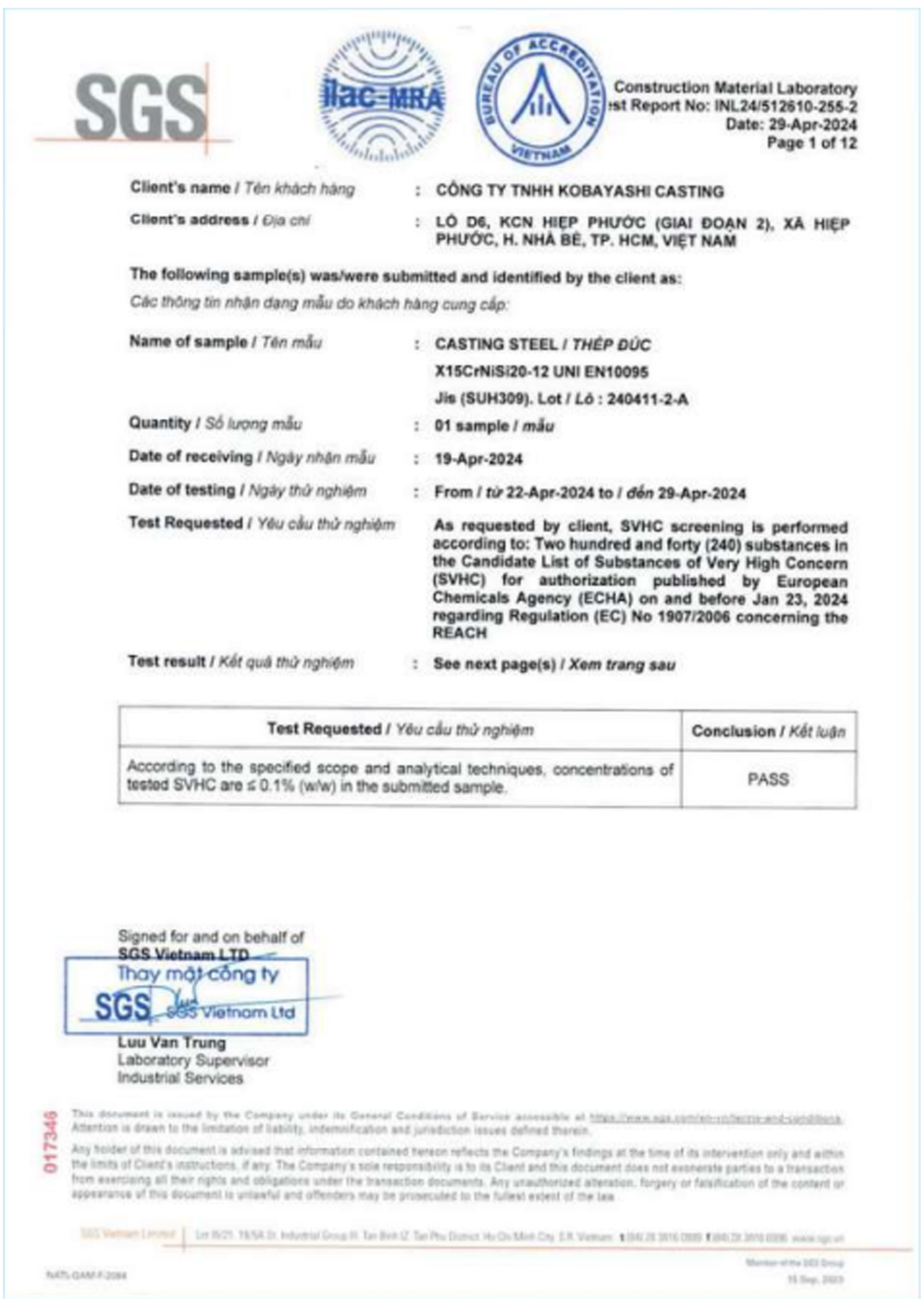 Chứng nhận - Đúc Mẫu Chảy KOBAYASHI CASTING - Công Ty TNHH KOBAYASHI CASTING