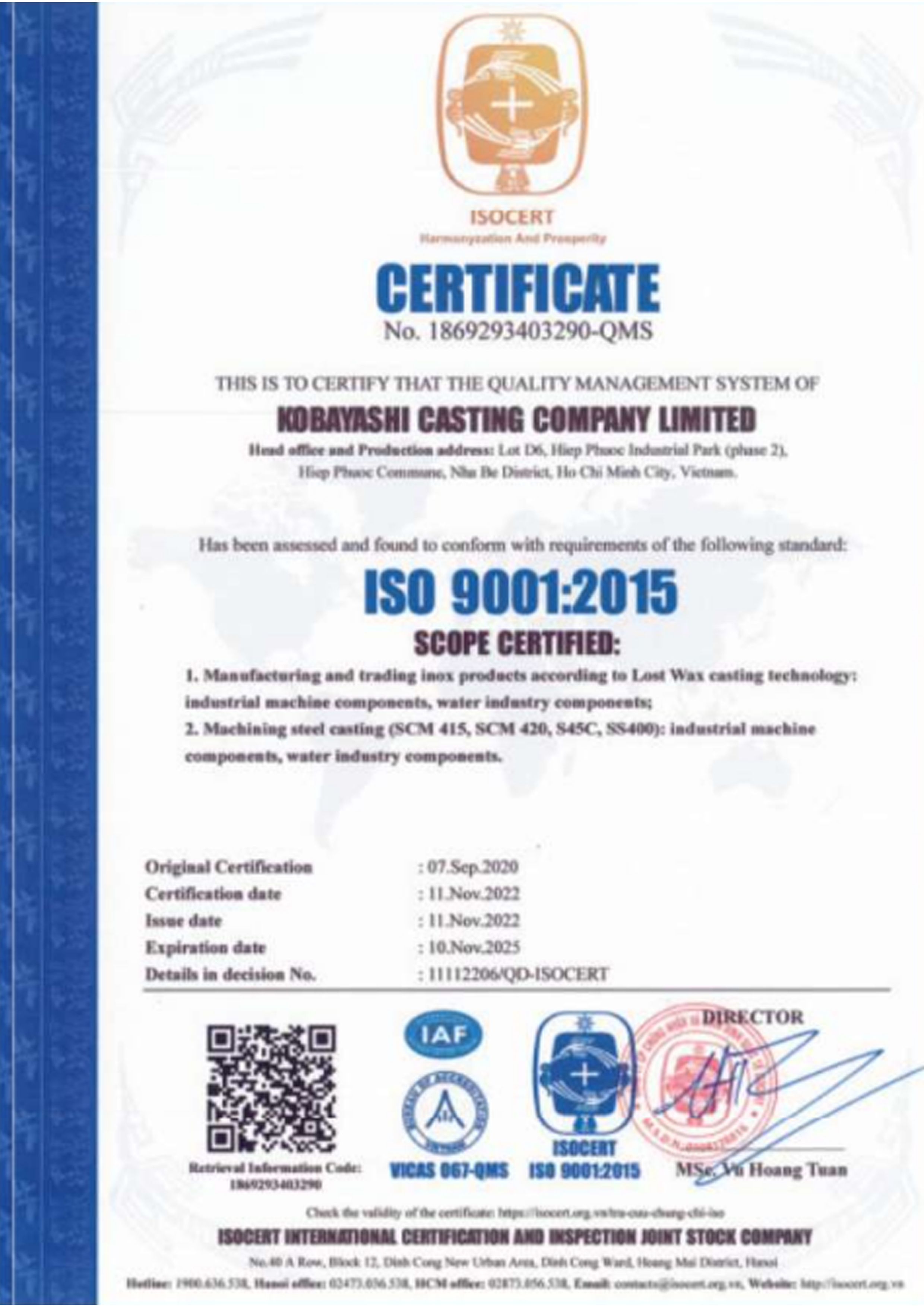 Chứng nhận - Đúc Mẫu Chảy KOBAYASHI CASTING - Công Ty TNHH KOBAYASHI CASTING