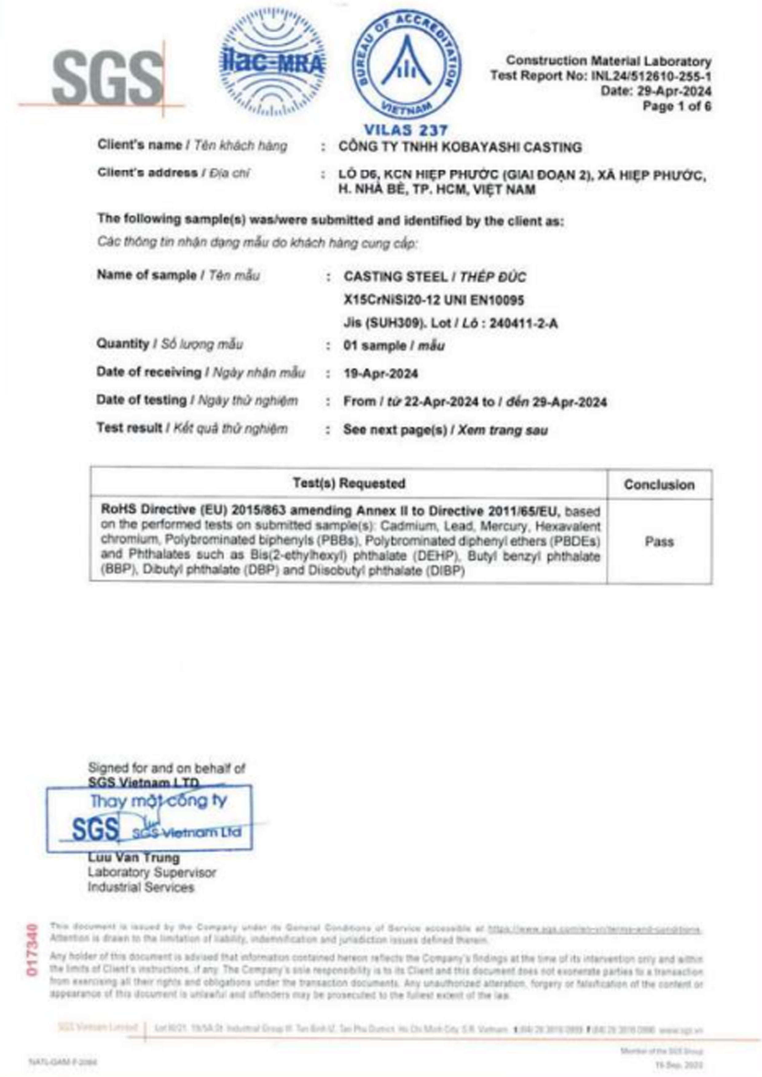 Chứng nhận - Đúc Mẫu Chảy KOBAYASHI CASTING - Công Ty TNHH KOBAYASHI CASTING