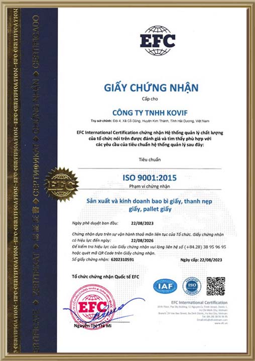 Chứng nhận ISO 9001:2015 - Pallet Giấy KOVIF - Công Ty TNHH KOVIF