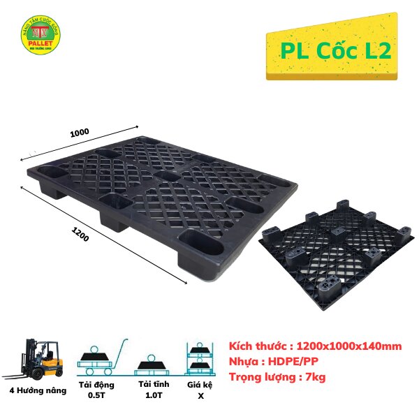 Pallet chân cốc đen 1200x1000x140mm - Pallet Nhựa Môi Trường Xanh - Công Ty TNHH Phát Triển Công Nghệ Khí Sinh Học Môi Trường Xanh