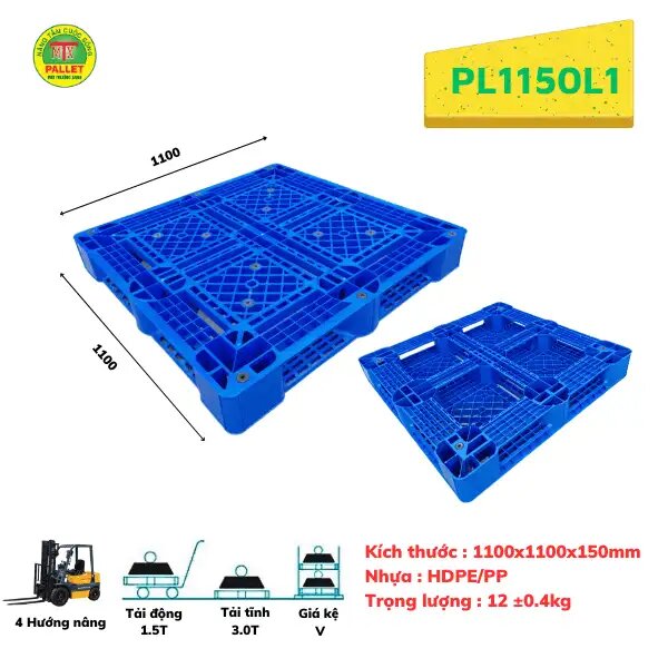 Pallet nhựa 1100x1100x150mm Virgin HDPE - Pallet Nhựa Môi Trường Xanh - Công Ty TNHH Phát Triển Công Nghệ Khí Sinh Học Môi Trường Xanh