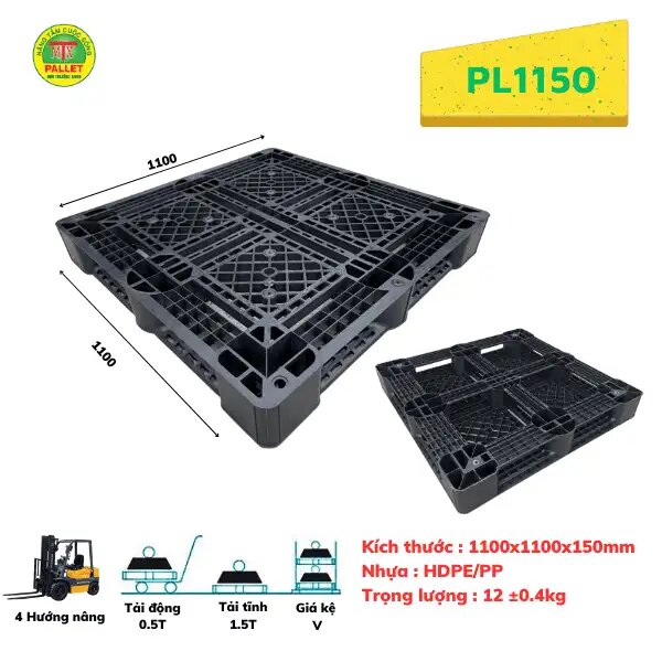 Pallet nhựa 1100x1100x150mm đen - Pallet Nhựa Môi Trường Xanh - Công Ty TNHH Phát Triển Công Nghệ Khí Sinh Học Môi Trường Xanh